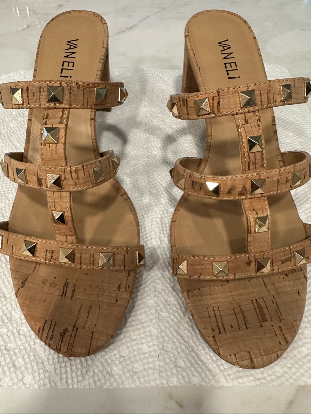 Vaneli Cork Triple-Strap Slide Sandals with Gold Studs